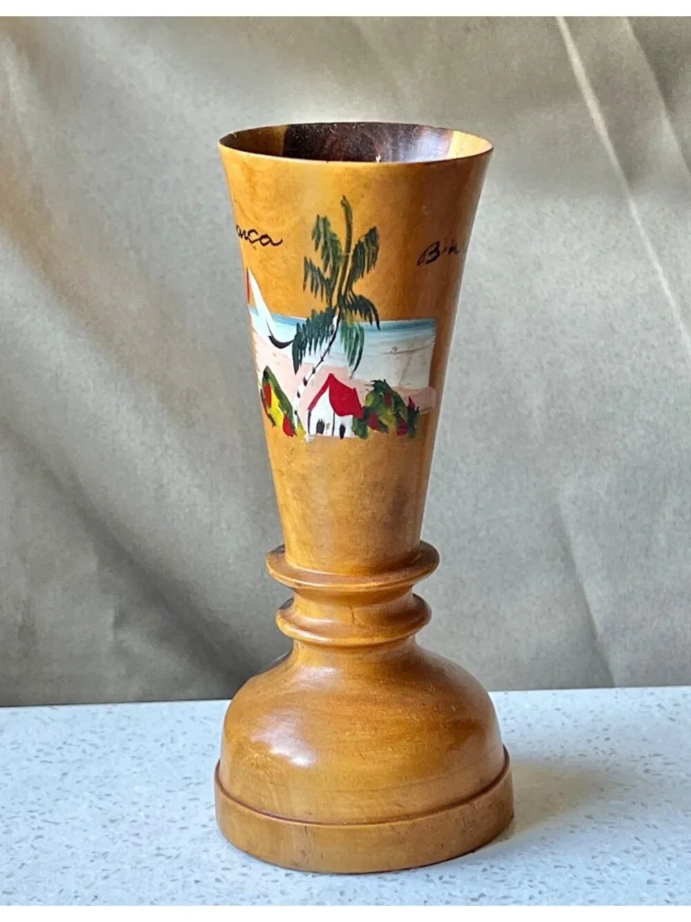 Signed Jamaican Wooden Vase W/ Hand-Painted Tropical Scene Signed 5.5" Handmade - Picture 1 of 10